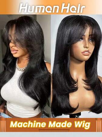 Peluca recta con corte en capas, peluca natural negra con capas hecha a máquina, peluca sin pegamento de cabello humano liso para mujeres con una densidad del 180%