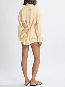 New Elegant Solid Color Casual Front Button Jacquard Long Sleeve Shirt & Lace Elastic Waist Bow Shorts Set, Suitable For Beach, Vacation, Daily, Garden