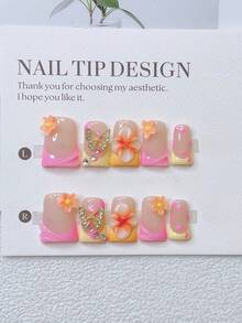 10pcs Handmade Y2K Nails Chic Duckbill Press On Nails Set - Handcrafted, Pink And Yellow French Style, 3D Handmade Flowers, Hand Drawn Pink Flowers, Pink Little Flower Elements Design, Sparkling Rhinestone & Golden Butterfly Accents - Suitable For Women And Girls, Party, Wedding, Daily Wear, Includes Tool Kit. Duck Nails. Press On Short Nails. Handmade Acrylic Press On Nails. Fake Nails. Nail Supplies - 彩色 - 查看 3