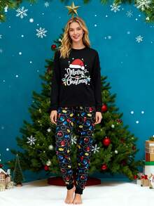 Family Matching Christmas Pajamas Set Letter String Lights Print Holiday Pajamas Sleepwear Pants Set Festival Party Pj Set Sleepwear 2Piece Xmas Oufit