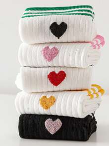 5 pares de calcetines hasta el tobillo para mujer con bloques de color, decoración de corazón, estilo lindo y dulce, casual, deportivo y escolar - Multicolor - Ver 6