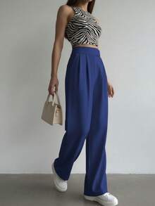 Women's High Waist Wide Leg Pants With Waist Patch And Adjustable Waistband - Màu xanh hải quân - Xem 3