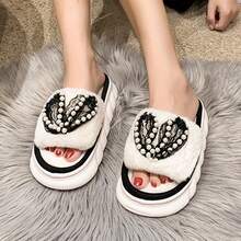 Women's Comfortable Heart-Shaped Plush Faux Fur Slippers - Winter Warm Open-Toe Home Shoes, Pink Beige Heart And Cream White, Soft Cushioned PVC Sole, Hand Washable Sweet Indoor/Outdoor Soft Sole Shoes (Not Suitable For Dryer) - 白色 - 查看 6