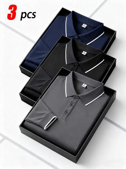 男士长袖 Polo 衫三件套 - 白色，撞色领口和袖口，柔软透气面料，经典藏青色/黑色/灰色，适合工作和休闲场合的百搭上衣
