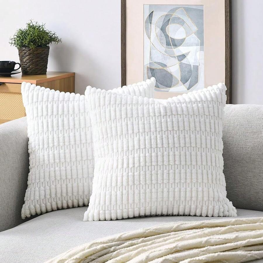 Volcanics Pack Of 2 Pure White Decorative Throw Pillow Covers 18x18 Inch, Soft Corduroy Striped Square Cushion Cases, Modern Farmhouse Boho Home Decor For Couch Bed Sofa Living Room,18inchx18inch(Packof2),PureWhite - 純白 - 查看 1