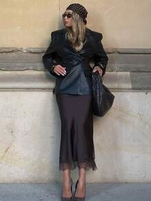 HZXVIC Chân váy satin thanh lịch mùa hè mới - Chân váy dài ngang gối cạp cao viền ren, thích hợp cho các bữa tiệc và mặc hàng ngày. - màu nâu - Xem 9