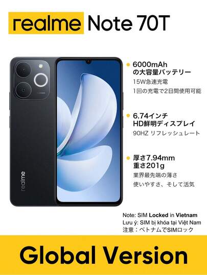 Realme Note 70T 4G Unlocked Cellphone 4GB+64GB/4GB+128GB/4GB+256GB Global Version 4G LTE, Android 15 Smartphone, 50MP AI Camera, 90Hz Display Mobile Phone Pluse Light, 6000mAh Massive Battery, 15W Fast Charge, Octa-Core Chipest, No Adaptor