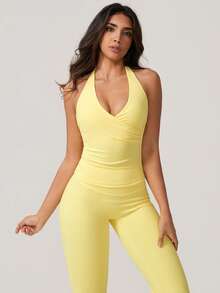 NcmRyu 1 Set Women's Sexy Halter Deep V-Neck Backless Shaping Flared Sports Suit - Yellow - View 7