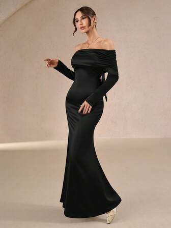 女士性感优雅秋冬缎面长裙 – 纯色，修身剪裁，长袖，露肩设计，收腰，鱼尾扭结裙摆，后背蝴蝶结装饰，适合婚礼、派对、聚会、新年美人鱼婚礼等场合