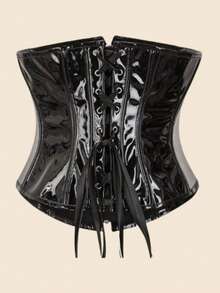 1pc Women's Short Shiny Leather Tie Waist Zipper Corset, Gothic Style Bodysuit Bustier, Suitable For Party And Daily Wear - 黑色 - 查看 2