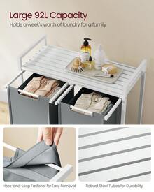 Laundry Basket, 2-Compartment Laundry Hamper, Pull-Out And Removable Liner Bags, Clothes Sorter, Shelf, Metal Frame, 2 X 46 L, 73 X 33 X 72 Cm, Slate Grey And Matte White - Light Grey - View 3