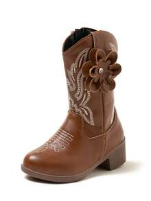 女童复古西部风格刺绣牛仔靴 - 棕色 - 查看 15