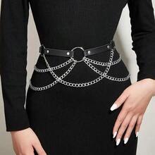 1pc Gothic-Style Adjustable Waist Chain Belt With PU Leather Strap, Chain Pendant, And Comfortable Harness Design For Fashionable Outfit - màu đen - Xem 9