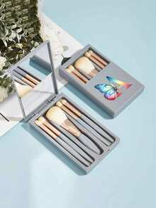 5 piezas Juego de brochas de maquillaje portátil con espejo, estampado de mariposa colorida y letra A-Z, juego de brochas de maquillaje en caja, juego de brochas de maquillaje multifunción con caja de espejo, mini lápiz de maquillaje multifunción, brocha de base, brocha de sombra de ojos, paleta básica de herramientas de maquillaje, organizador de maquillaje - Multicolor - Ver 3