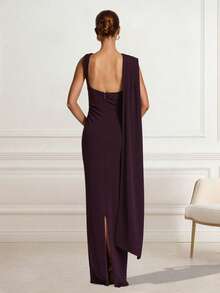 Elegant Asymmetric Neckline Knit Dress, Featuring Smooth Sleeveless Design, Graceful Ruched Details, And Long Pencil Skirt Hem. - Burgundy - View 4