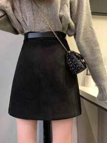 不对称设计羊毛 A 字高腰中长裙 - 黑色 - 查看 2