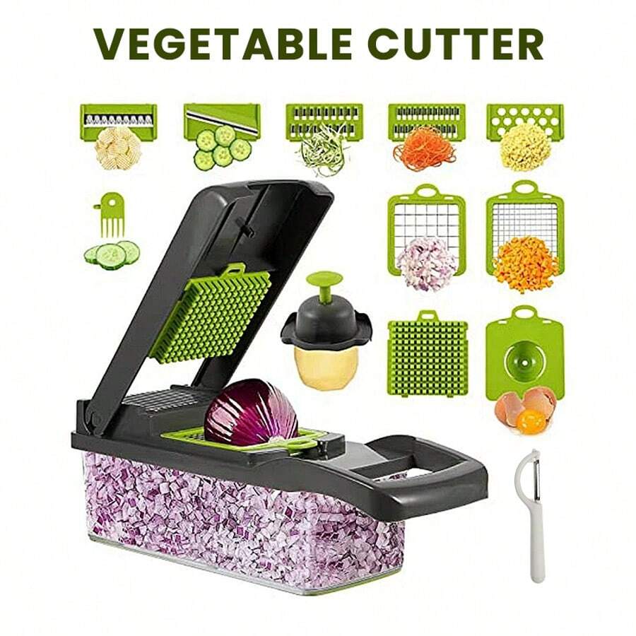 16-Piece/1-Set Multi-Function Vegetable Cutter, Fruit Slicer, Handheld Food Grinder, Onion Grater, Potato Shredder With Containe - Xám Xanh Lá Cây - Xem 1