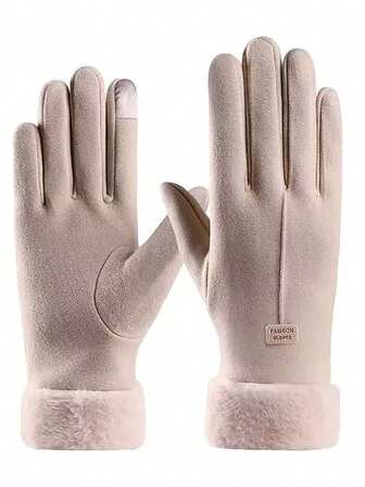 1 paire de gants tactiles beiges épaissis et chauds, automne/hiver