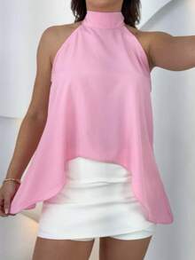 Women's Blouse With High Neck And Asymmetrical Neck Tie - 淺粉色 - 查看 2