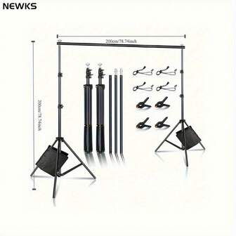  NEWKS Photography Background Bracket 7 * 7ft/2m * 2m Background Bracket, Birthday Party Decoration Bracket, Equipped With 4 4-Inch Clips+4 Wire Clips+2 Sandbags+Storage Bags, Adjustable Photography Background Photography Bracket, Suitable For Photography Studios, Birthday Parties, Wedding Decorations, Christmas, Etc,