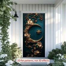 2Dflat, Polyester Ramadan Door Banner 1pc Exquisite Golden Crescent Moon Adorned With Flowers On A Teal Background Eid Al-Fitr Photo Props And Supplies, Suitable For Muslim Ramadan And Eid Al-Adha Celebrations, Islamic-Themed Holiday Decorations - 1pcs - View 8
