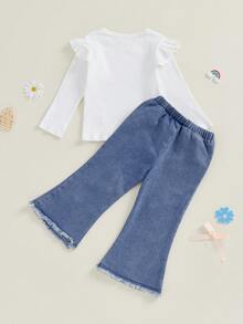 Toddler Little Girl Spring Fall Outfit Solid Ribbed Long Sleeve Tops And Heart Flare Jeans 2 Piece Set - White - View 3