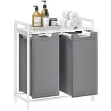 Laundry Basket, 2-Compartment Laundry Hamper, Pull-Out And Removable Liner Bags, Clothes Sorter, Shelf, Metal Frame, 2 X 46 L, 73 X 33 X 72 Cm, Slate Grey And Matte White - Light Grey - View 7