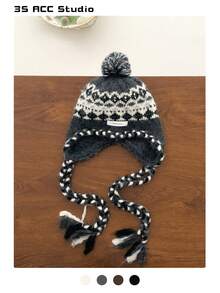 Bohemian Striped Knit Beanie Hat With Extended Braids, Warm And Face-Flattering For Women In Autumn/Winter