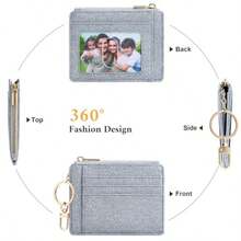 Sodsay Card Case Slim Front Pocket Wallet For Women Credit Card Holder With Keychain - 淺藍色牛仔布 - 查看 4