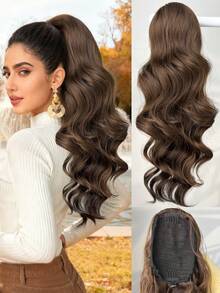 马尾辫抽绳夹式假发，棕色22英寸长波浪卷发，耐热合成纤维材质，适合女士派对和日常佩戴。 - 棕色 - 查看 10