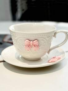 1 Set 300ml High-Quality Pink Bow Ceramic Coffee Cup & Saucer, Heat-Resistant Milk Mug, Tea Cup, Dessert Cup, Beverage Cup, Best Gift Choice For Friends, Lovers Or Family - White - View 2