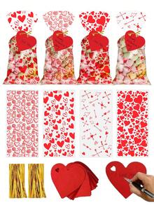 300/240/120/60pcs/Set Valentine's Day Heart Shaped Printed Glassine Paper Gift Bags, Red Heart Glassine Paper Candy Packaging Bags, OPP Plastic Candy Ties, Home Baking Sweets Packaging Bags, Wedding Party Supplies, Valentine's Day Supplies, Food Packaging Bags, Suitable For Valentine's Day, Anniversary, Wedding, Home Baking, DIY Packaging, Baking Packaging Supplies - Multicolor - View 2
