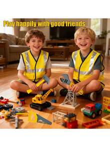 B.B.STUDY 8pcs Construction Role Play Toy Set, Children's Pretend Play Toy Set, Engineer Costume Props, Includes 5pcs Construction Props, Overalls, Hat And Belt, Ideal For Multiplayer Games, Parties, Holiday Dress-Up, Perfect Gift For Boys, Surprise Toy, Suitable For Birthday, Party, New Year, Back To School Season And Other Occasions. - Yellow - View 8