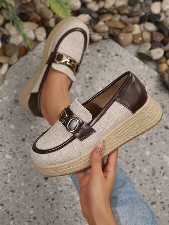 Women's Casual Breathable Soft-Sole Slip-On Loafers, Anti-Slip Thick-Sole Shoes, Solid Color Bohemian Pure Metal Vacation Home Shoes, Spring/Autumn