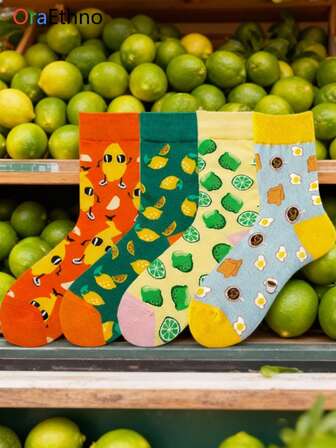 1 par unisex benvärmare med frukt- och mattema, set med citron-, lime- och frukostelement, livfulla färger för casual benvärmare, perfekt present till mat- och fruktälskare