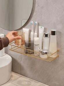 1pc Bathroom Wall-Mounted Storage Rack, Gold Metal Bathroom Organizer Shelf, Suitable For Vanity, Skincare, Cosmetics, Kitchen Wall-Mounted Rack, Essential For Back To School Season - Multicolor - View 2