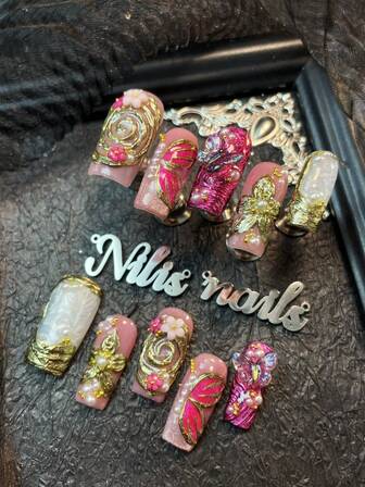 10pcs Square Nail Set,Pink&Silver Nail Art,Pink French Cat Eyes,3D Stereo Steel Ball&Butterfly&Flower&Bead Nails Accessories Decorations,Handmade Chrome Nails Powder,Hand Drawn Butterfly&Flower&Geometric Patterns Design,Y2K Style Nail Art Set,Suitable For Women To Wear Daily Parties Valentine's Day (Includes: A Piece Of Jelly Glue And A Friction Strip)