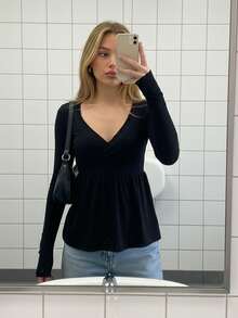 Women's Fall Peplum Tops Fashionable Casual Solid Color Long Sleeve V Neck Ruffle Hem Shirts - 黑色 - 查看 5