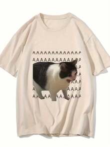 AAAAA Cat Meme T-Shirt Unisex Men's And Women's Blouse 100% Cotton Premium Top Streetwear New Release Immediate Shipping Various Colors!! Plus Size - 米色 - 查看 1