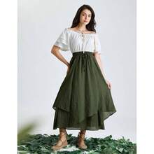 - Falda de cintura alta renacentista para mujer, falda larga de doble capa - Verde oliva + M - Ver 3