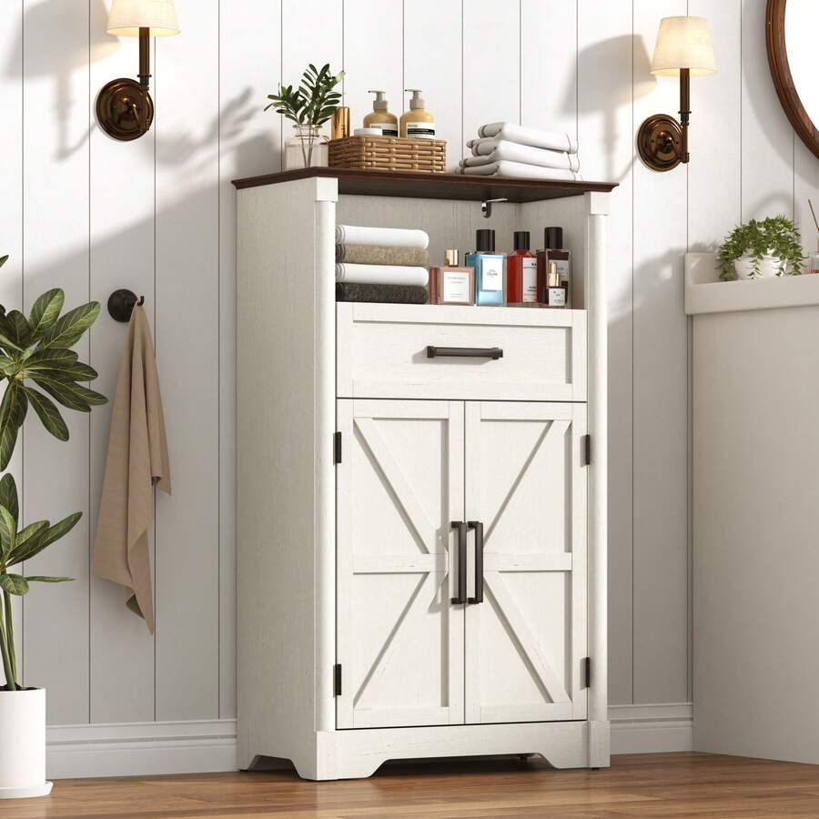 Farmhouse Floor Storage Cabinet With Drawers & 2 Barn Doors, Wood ...