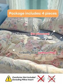 1 Set Of 4pcs Camellia Floral Bedding Set, Popular Floral Pattern, Warm Girly Style, Polyester Soft Skin-Friendly Suitable For Women's Bedroom/Dormitory Decor, (1 Duvet Cover + 1 Bed Sheet + 2 Pillowcases), Pillow Cases With Random Pattern Cutting, No Filler Included