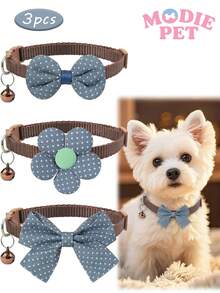 3pcs Cute & Fashionable Polka Dot Bow Tie And Flower Combination Pet Collar Set, Joyful For Cats And Dogs - Multicolor - View 3