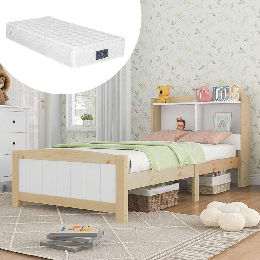 Solid Wood Single Bed With Storage Headboard, 90 X 200 Cm Bed Frame With Slatted Base, Wooden Bed With Headboard, Children's Bed, Teenager's Bed, Solid Pine, Natural And White (With Mattress) - White + Solid Wood - View 1