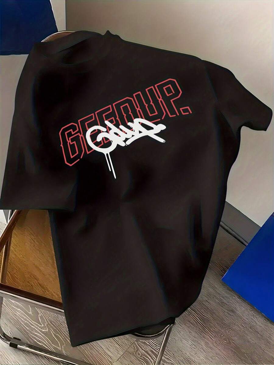 Men'S & Women'S Bold GEEDUP Graphic T-Shirt - With Red & Lettering, Soft Breathable Fabric, Casual Streetwear Round Neck Short Sleeve Tee For Casual Attire, Street Style Lovers, Unisex Apparel, Comfortable Material,  Design, Summer Outfit - 黑色 - 查看 1