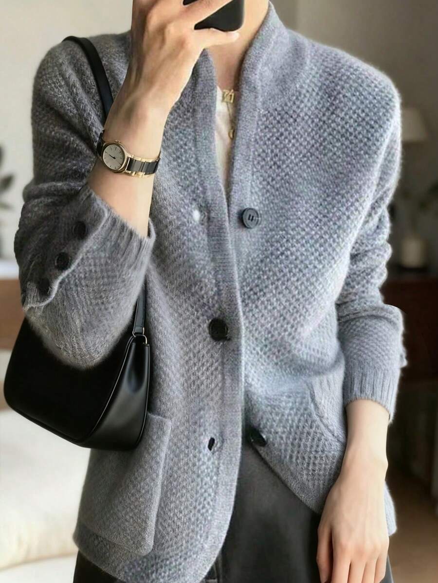 秋冬新款时尚女士优雅宽松通勤衬衫，美利奴羊毛复古针织开衫毛衣外套 - 灰色 - 查看 1