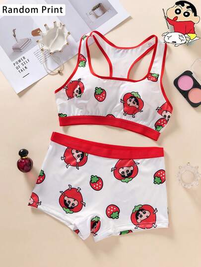 2件套露背蜡笔小新和牛奶印花无钢圈文胸套装，丝滑柔软吊带背心可外穿