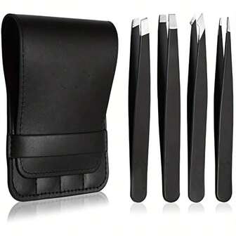 Pinzas básicas para el vello facial, cejas y pestañas - Set de 4, Estuche de viaje profesional de acero inoxidable, Negro