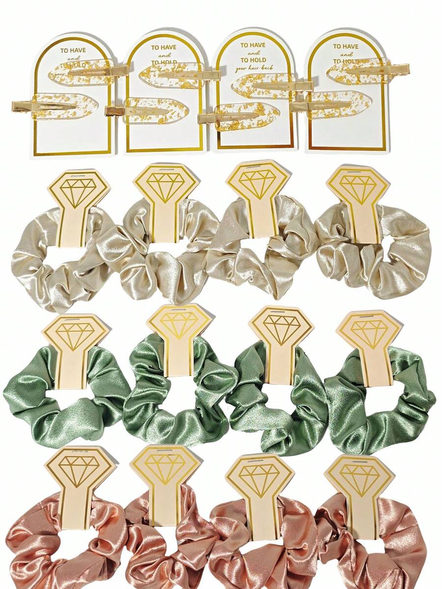 8pcs Satin Hair Scrunchies & Clips Set, Bridal Wedding Party Favors, Suitable For Wedding Gifts, Bridesmaid Gifts, Party Decorations, Claw Clips - Multicolor - View 1