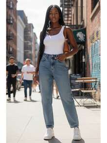 High-Waisted Rigid Denim Mom Fit Jeans - Authentic Wash 100% Coton, Made In Türkiye - Blue - View 8